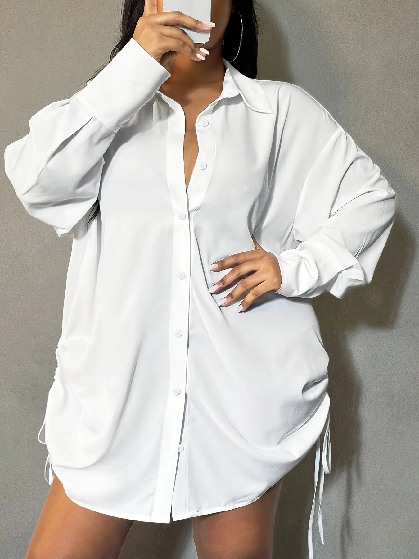 Adjustable Drawstring Long Sleeve Shirt Blouse, Loose-Fitting Plain Design, Elegant Spring & Fall Wear, Plus Size Women's Versatile Top