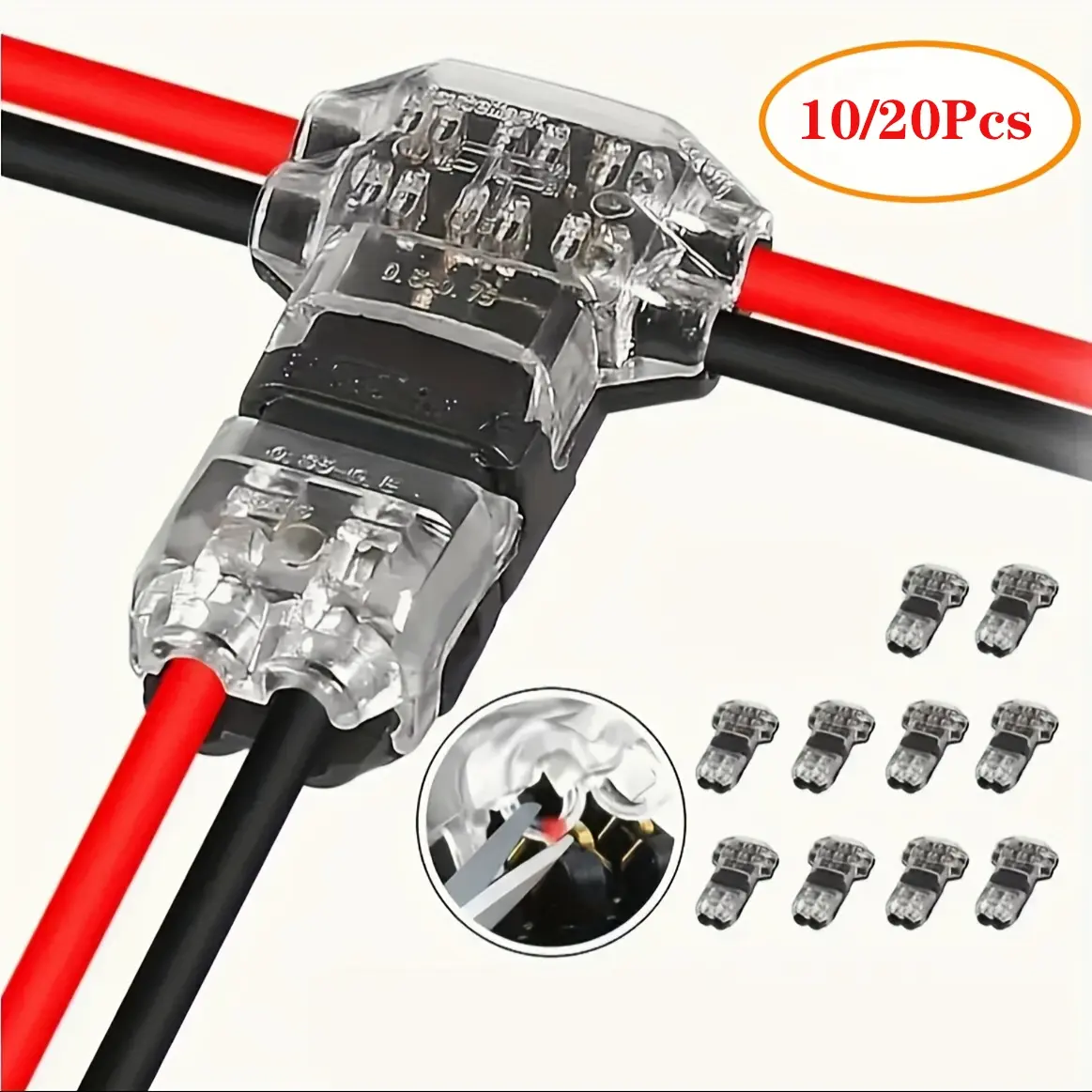 10/20 Low Voltage Wire Connectors, Durable Reliable Connectors, T-Type Splice Connector, 2-Pin Line Splicing Connector for LED Strip, Solderless Connectors, No Welding Required, Car Use, Led Light Strip Connectors