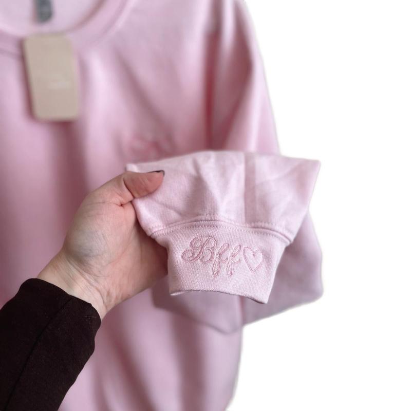 Coquette embroidered pink bow sweater with BFF and a heart on the right cuff,  gift idea for your bestie, gift idea for your sister, pink bow, embroidered pink bow, valentines day gifts, chic style,
