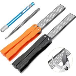 3PCS Garden Tool Sharpener Kit, 2 Double-Sided Diamond Sharpeners 1 Retractable Sharpening Rod for Gardening Pruner