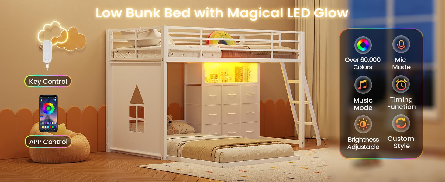Hasuit Twin Over Twin Bunk Bed with 9 Storage Drawers, Twin Bunk Beds for Kids with LED Lights and Charging Station