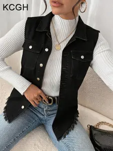 KCGH Fall New Plus Size Denim Vest Jacket for Women, Button Decor Distressed Raw Hem Sleeveless Jean Coat With Pockets, Oversized Casual Outerwear