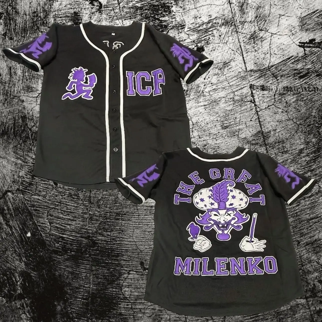 Black with Purple Milenko Baseball Jersey, ICP Juggalo Baseball Jersey Shirt – Unisex Button-Up Sports Style, Lightweight & Breathable, Sizes S–5XL (Check Size Chart in Product Details)