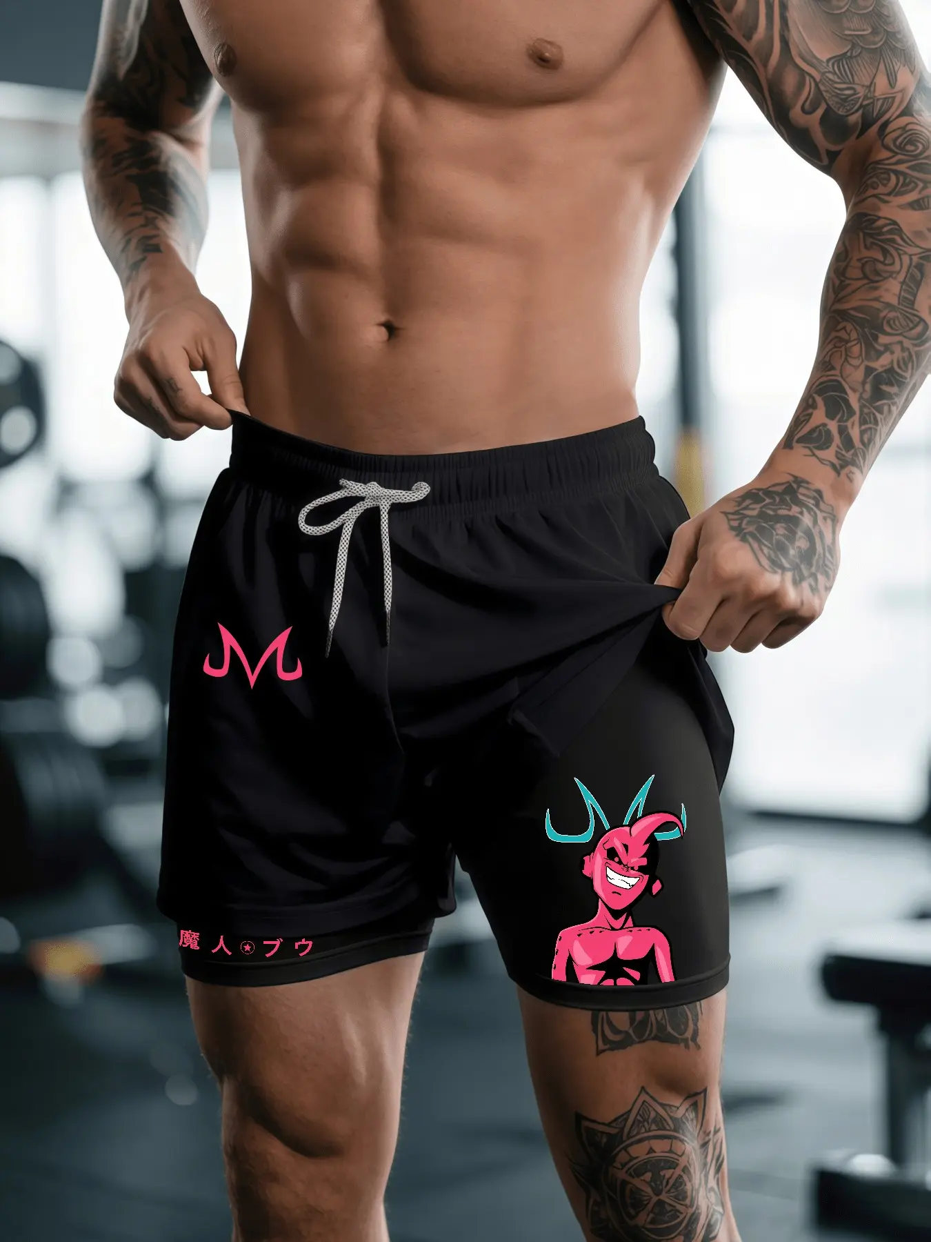 “A Friendly Greeting Gesture“Graphic Pants, Dra-gon Ball Majin Buu Print 2-In-1 Drawstring Waist Shorts, Quick-Dry Swim Trunks, Loose Fit with Pockets, Ideal for Summer & Workout