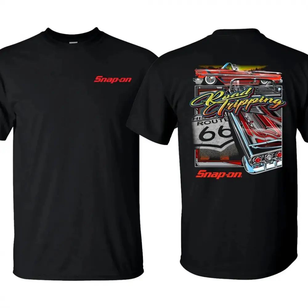 Lowrider Route 66 Road Tripping Graphic Tee, Plus Size Y2K Retro Car Culture Streetwear, Double Sided Print Racing & Mechanic Lover Men Summer T-Shirt