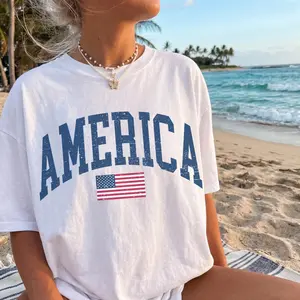 Comfort Colors Retro American Flag 4th of July Tshirt, Preppy Patriotic USA Graphic Tee, Trendy Oversized Independence Day Shirt - AL