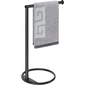 Nearmoon Hand Towel Holder Stand, Thicken Metal L Shape Hand Towel Rack, Small Towel Ring, Stable Standing Towel Bar for Bathroom Kitchen Vanity Countertop, 8” L 14” H (Matte Black, 1 Pack) NearMoon