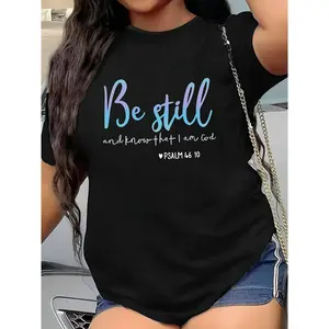 BE STILL AND KNOW THAT I AM GOD Printed Women's Soft T-Shirt - Casual Crew Neck Short Sleeves, Machine Washable, All Season Comfort, Black with Blue and Purple Lettering