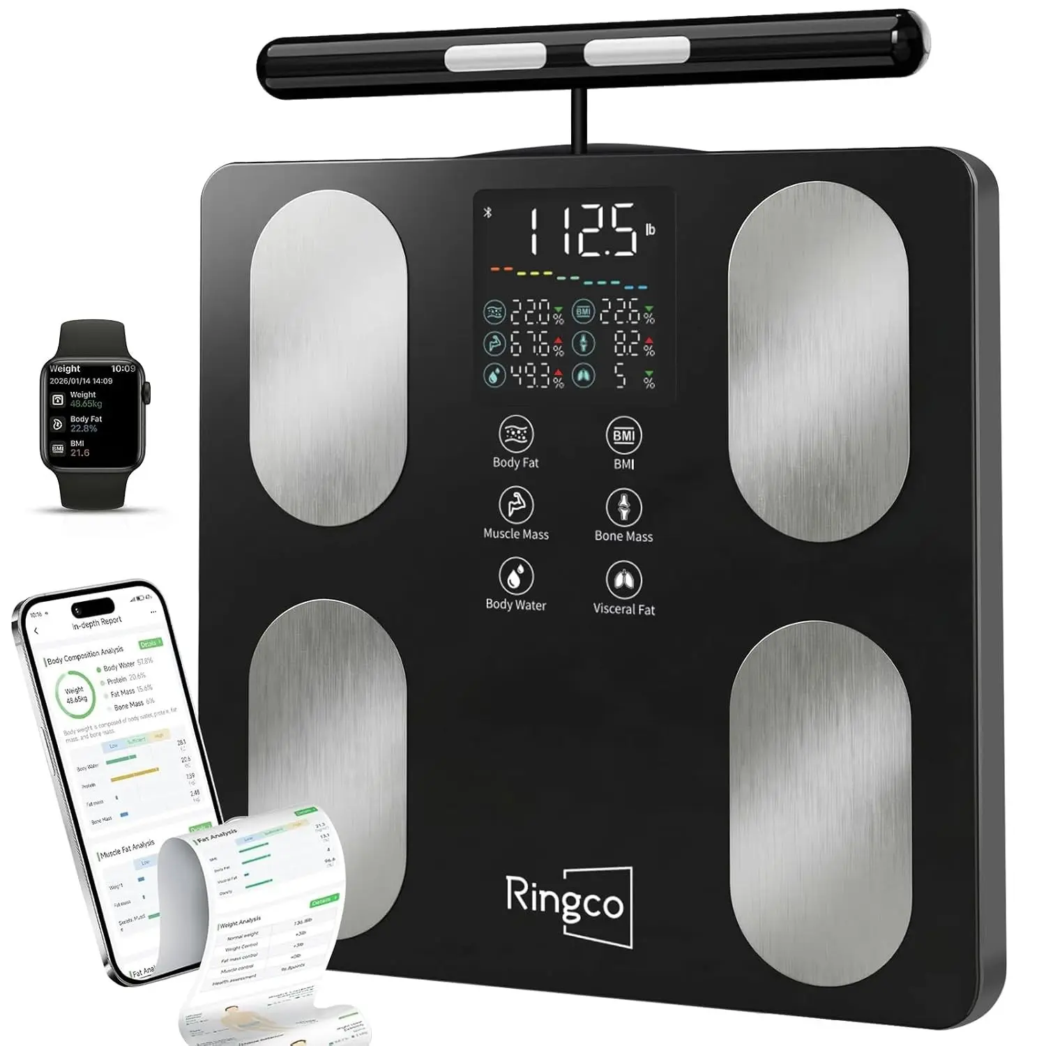 Body Pod Scale, Smart Scale with BMI Body Fat Muscle Mass, 8-Electrode High Precision Digital Bathroom Composition Analyzer with 12.2" Large Platform and 4.8" Display