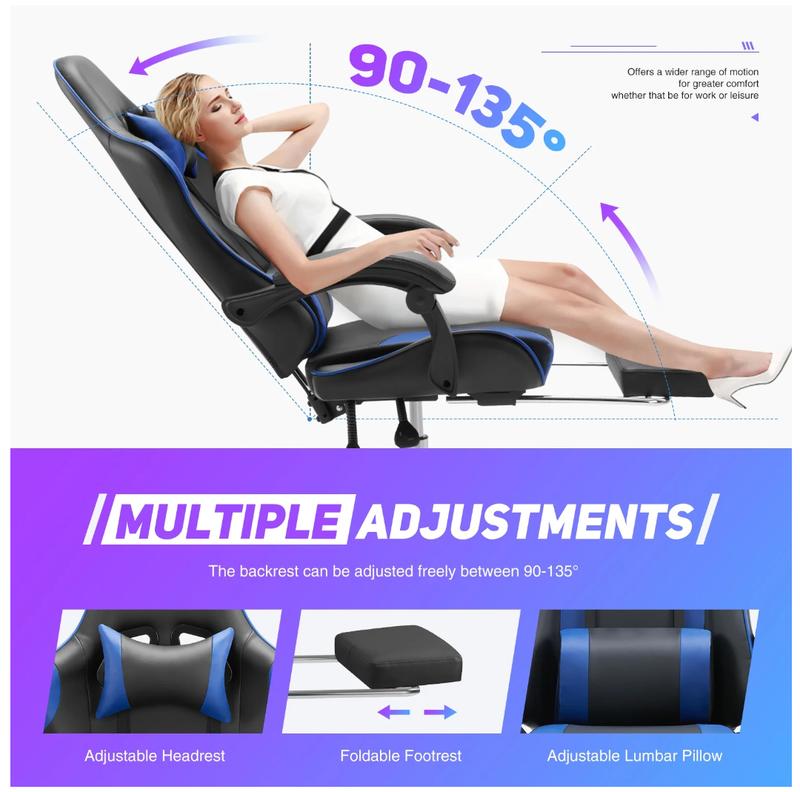 Gaming Chair with Footrest, Ergonomic Office Computer Desk Chair w/Spring Cushion, Lumbar Support & Headrest, Black/Blue