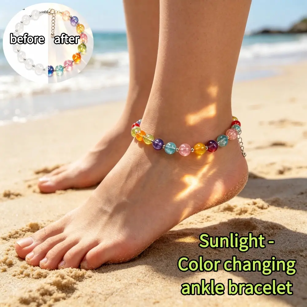 Dopamine Anklet for Women, UV Reactive Color Changing Beaded Anklet, Rainbow Beach Ankle Bracelet, Summer Vacation Jewelry for Festival Beach Pool Party