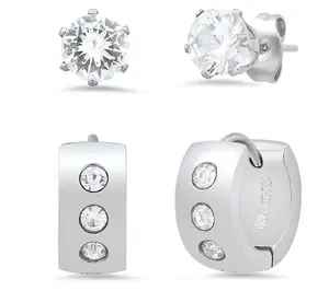 Steel by Design Cubic Zirconia Wide Hoop & Stud Earring Set