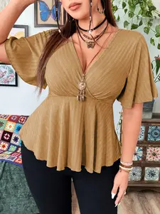 Boho Style V Neck Flared Sleeve Top, Pleated Waist Ruffle Hem, Soft Elegant Slim Fit Shirt, Single Piece, Casual Loose-Fitting