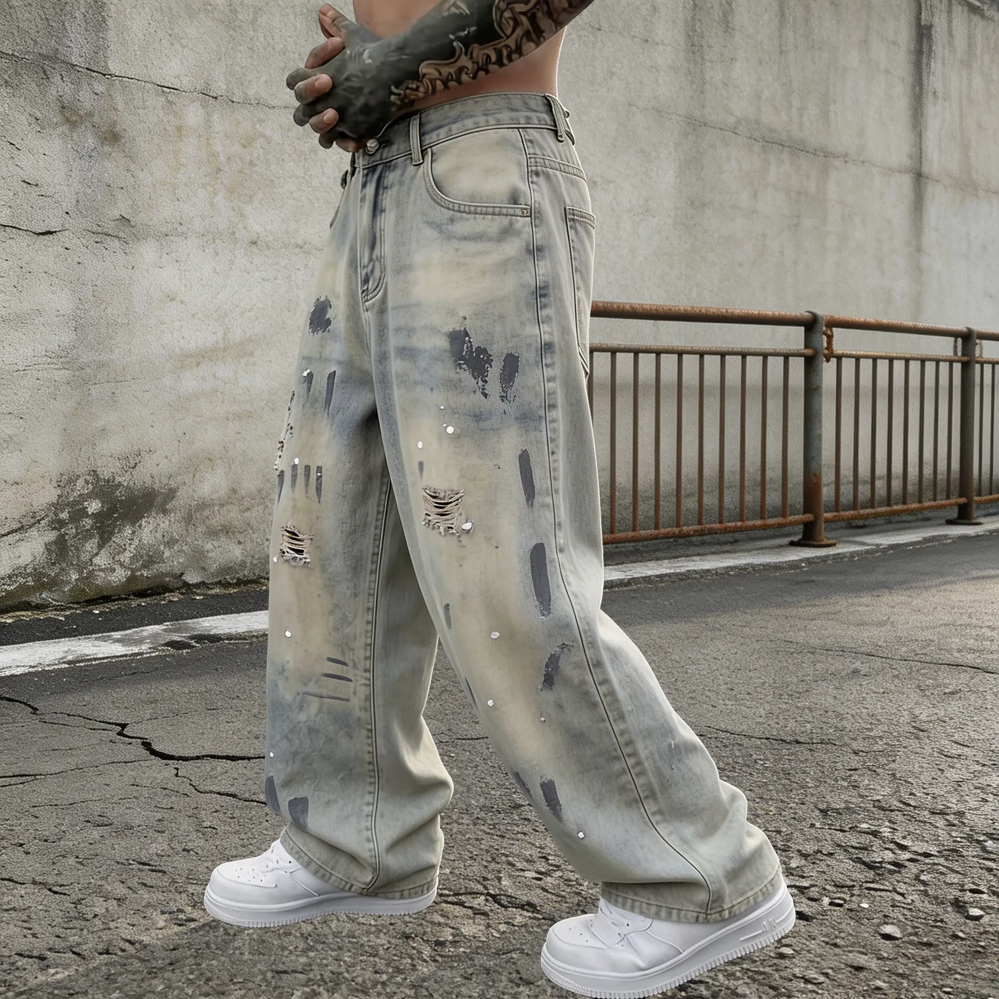 Men’s retro yellow clay gradient washed denim jeans with paint splatter and distressed details — wide-leg straight-cut floor-length pants; streetwear worn look with paint dots, graffiti, frayed edges, and large rips; niche street brand bleached vintage de