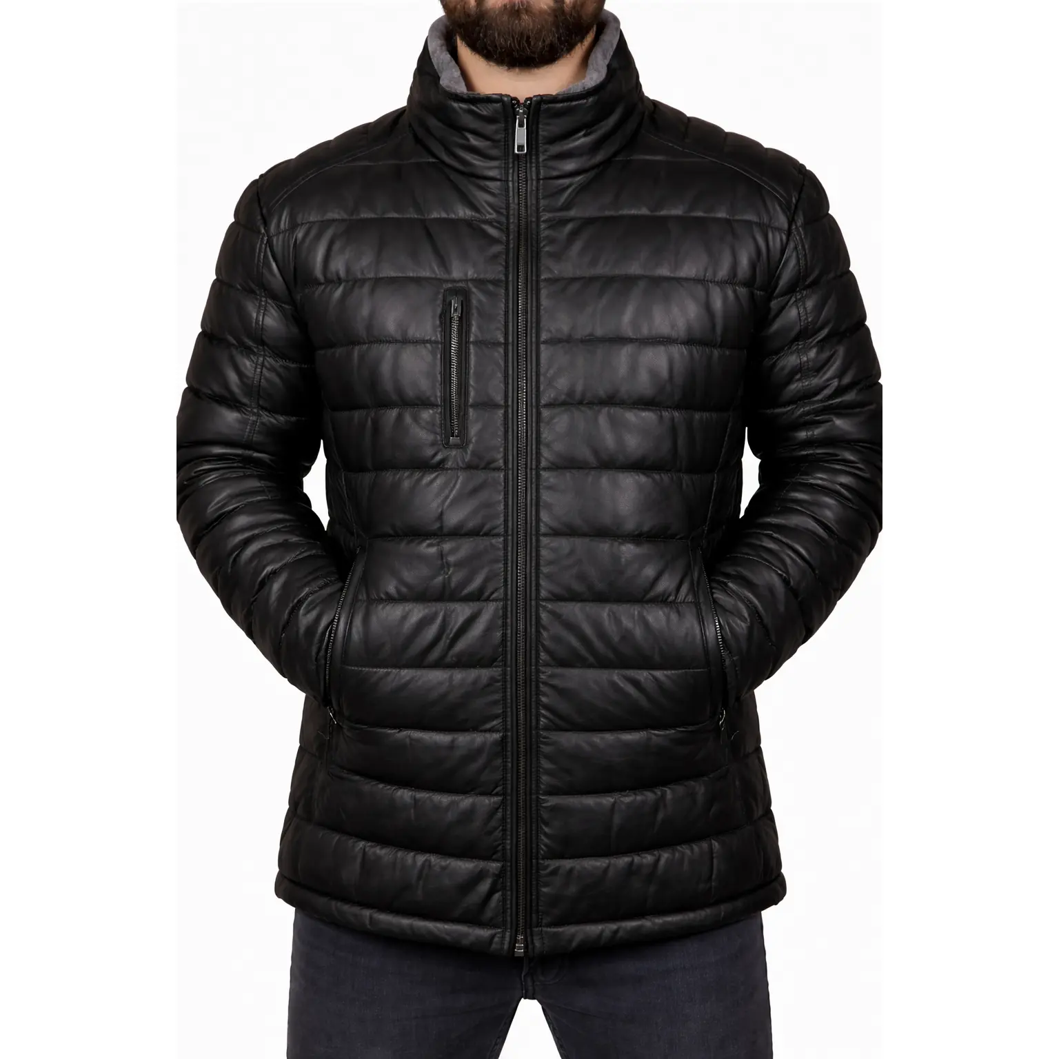 Men’s Black Genuine Leather Puffer Jacket – Warm Moto Style Winter Coat, Zipper
