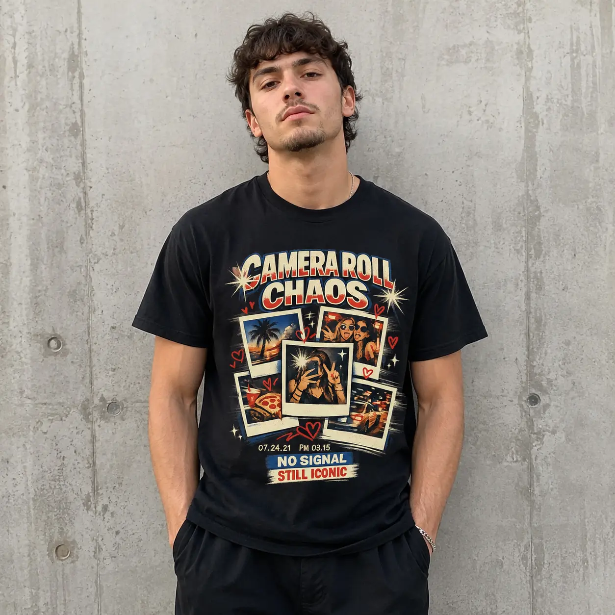Men's Camera Roll Chaos Graphic T-Shirt, Black Short Sleeve Crew Neck Tee, Retro Instant Photo Collage Print, Y2K Digital Nostalgia Streetwear Top, Casual Gift for Men