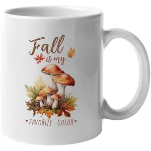 Fall Is My Favorite Color with Mushrooms & Autumn Leaves Art Merch Gift, White 11oz Ceramic Mug