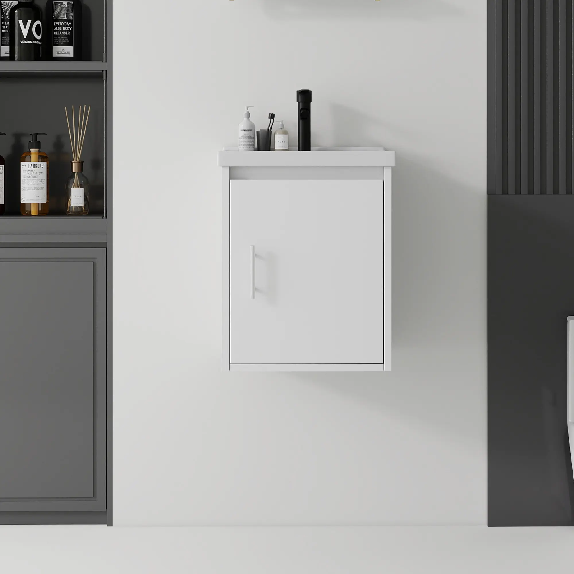 20 Inch Floating Wall Mount Bathroom Vanity, Moisture-Proof Plywood Cabinet with Integrated Ceramic Sink, Soft Close Single Door for Small Powder Rooms, White