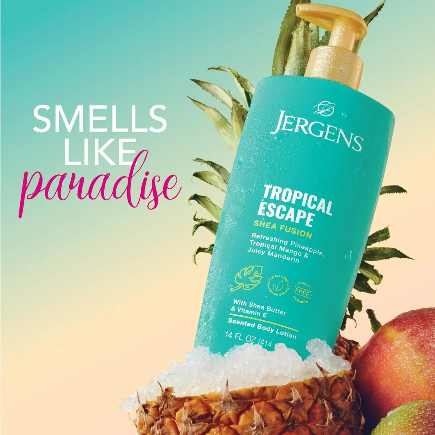 Jergens Shea Fusion Tropical Escape Body Lotion, Shea Butter, 14 fl oz | Moisturizer for Dry Skin, Scented Body Lotion, Vitamin E, Shea Butter Lotion, Daily Hydration