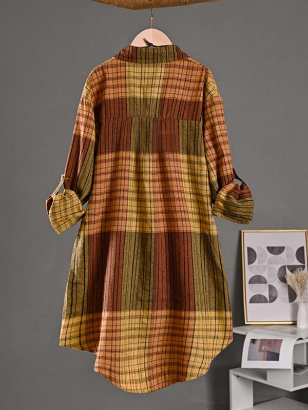 Elegant Casual Retro Mid-Length Plaid Shirt for Women, New Fashion Long Sleeve Loose Fit Striped Blouse, Stylish Ladies' Top