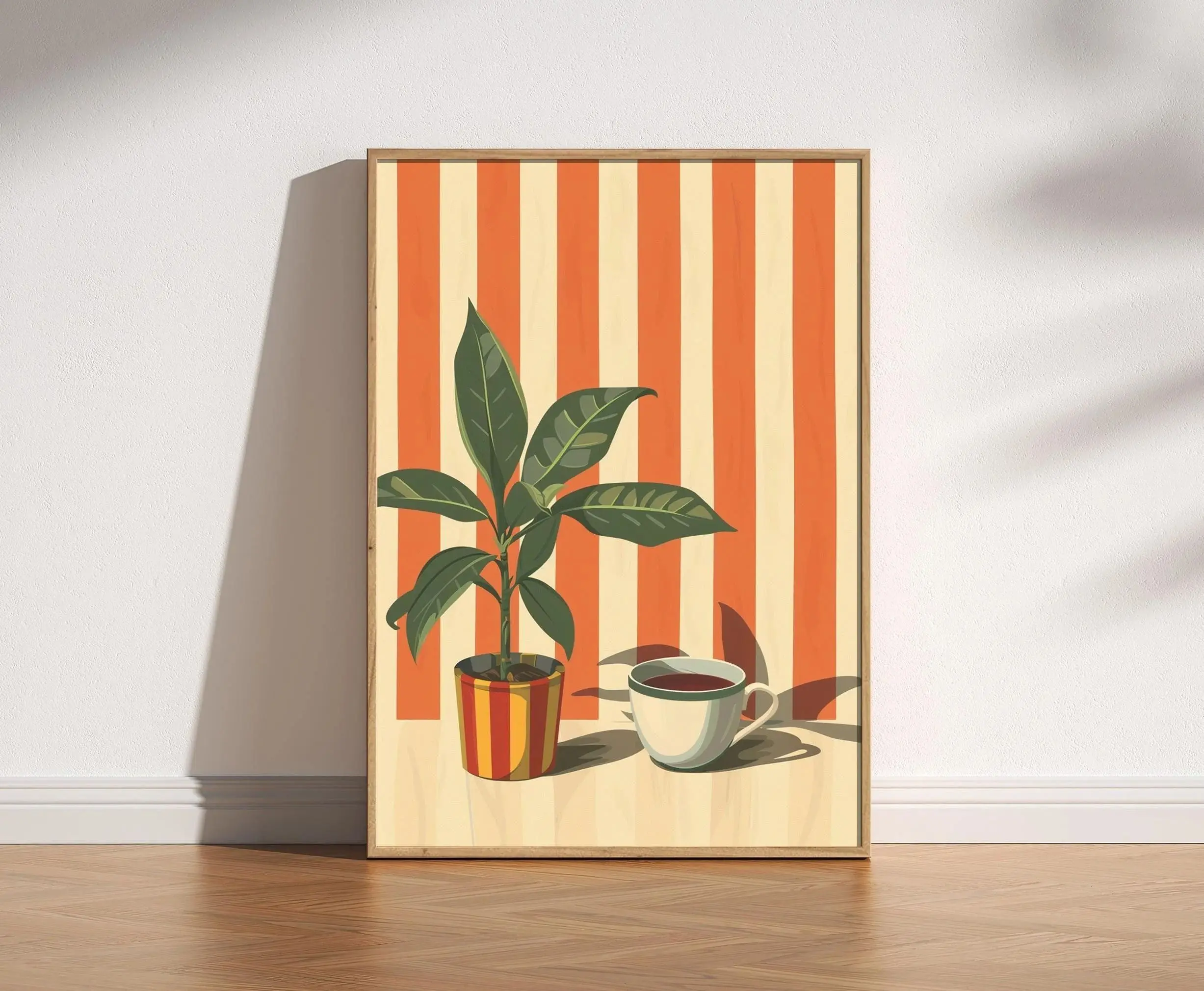 Retro Coffee Print, Retro Cafe, Coffee Art, Warm Stripes, Food Drink Kitchen Poster, Dining Room Art, Coffee Lover Gift, Plants, Minimalist