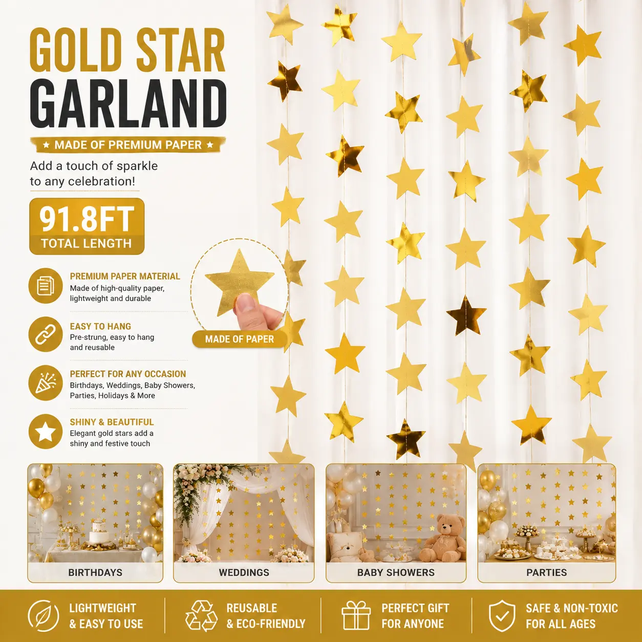 91.8ft Full-Length Star-Shape Sparkling Garland, Gold Party Decoration & Ornaments for Graduation, Weddings, Room Decorations Event Supplies Event Props