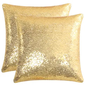 Unique Bargains 2 Pcs Gold Tone Sequin Throw Pillow Covers, Shiny Sparkling Comfy Satin Sequin Cushion Covers, Decorative Pillowcases for Bedroom/Living Room/Sofa/Party, 16 x 16 Inch