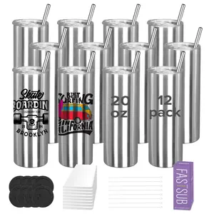 FASTSUB 20 oz Sublimation Clear Skinny Tumblers 12 Pack, Vacuum Insulated Stainless Steel Sliver Cups for Tumbler Press and Oven