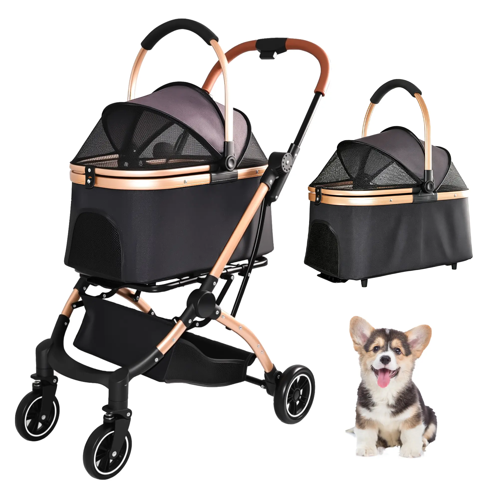 2-in-1 Detachable Foldable Pet Stroller for Dogs and Cats, Quick One-Hand Fold, 4-Wheel with Sun Canopy, Storage Basket, Carbon Steel Frame, Black