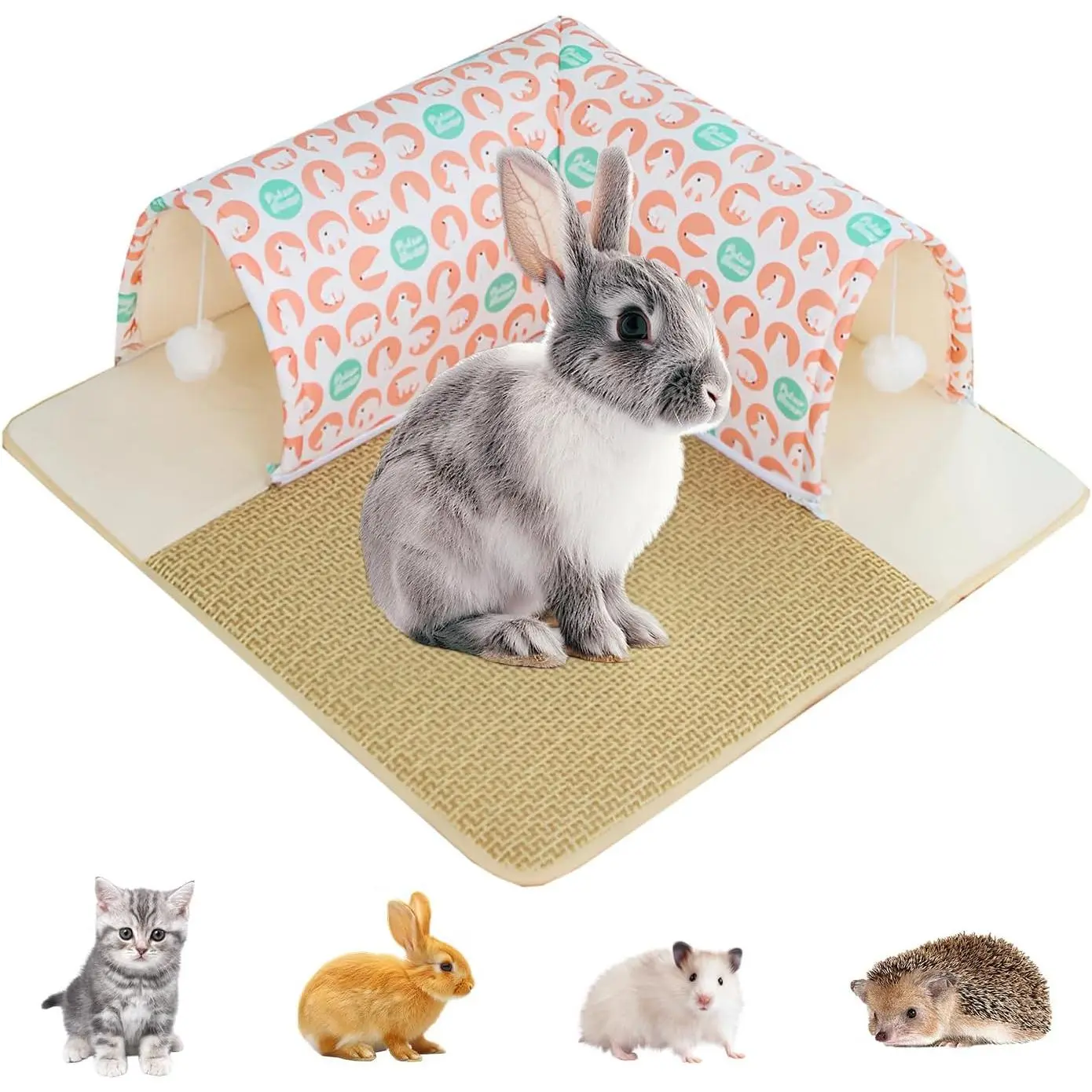 Detachable Washable Oxford Fabric Foldable Rabbit Tunnel with Cooling Fur-Friendly Bed Mats - 23.62in*23.62in*9.84in Ventilated Floor Play Mat, 19.7inx19.7inx7.9in Leisure Donut Bed for Rabbits, Ferrets & Small Animals