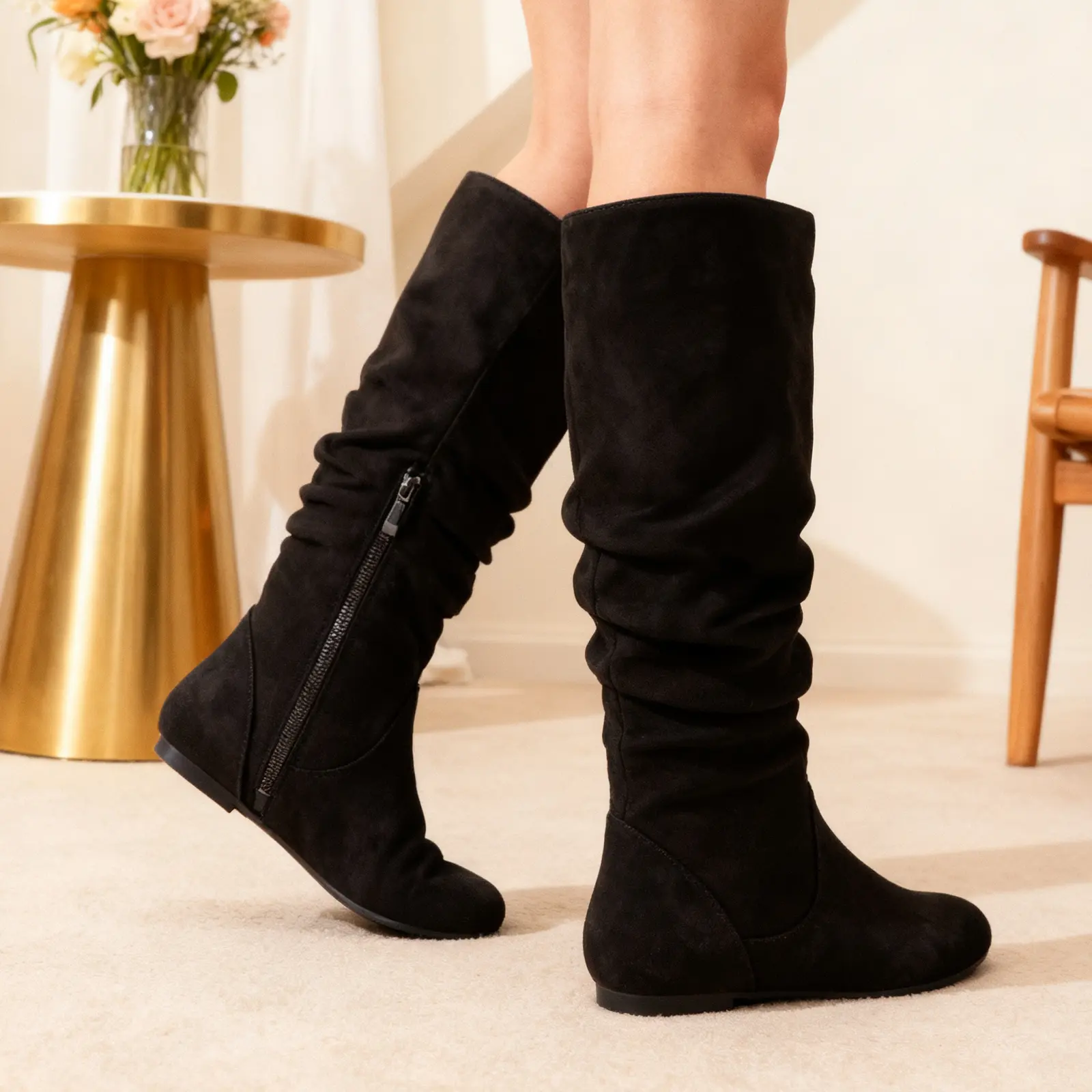 NO BRANDE Women's Extra Wide Calf Slouchy Knee High Faux Suede Boots - Casual Round Toe Flat Heel Shoe with Side Zipper, Synthetic, Fabric, Rubber Sole, Pull-On, Quick On, Fashion Apparel, Women's Fashion, Plain, Cuban, Footwear