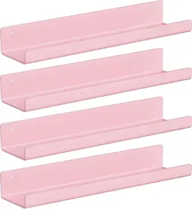 4 Pack 15 Inch Pink Acrylic Floating Shelves, Multi-Purpose Wall Display Ledge, Storage Organizer for Kids Books, Toys, Nail Polish, Sunglasses, Pictures