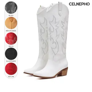 CELNEPHO Womens Cowboy Boots Pointed Toe Chunky Block Heel Classic Embroidered Fashion Design Easy Pull on Knee High Boots Horse Riding Party Casual Wear Trendy Western Cowgirl Dress Summ Shoes