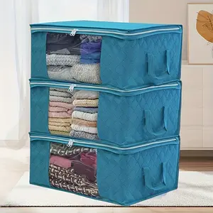 3PCS Clothes Storage Bag, Non-woven Wardrobe Organizing Box,  Foldable Sealed Dustproof Quilt Storage Organizer for Blankets, Comforters, Seasonal Clothing Storage, Clear View Window & Secure Zipper Closure