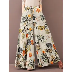 Plus Size Plant Print Wide Leg Pants  Casual Fake Drawstring Elastic Waist Pants For Spring & Fall Women's Plus Size Clothing