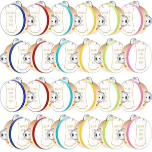 24 Set 4 Inch Tambourine for Adults Wooden Hand Held Drum with Metal Jingles,  Tags, White I Love You Printed Ribbon Percussion  Musical Instrument for Church Wedding Party(Colorful)