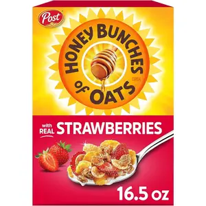 Honey Bunches of Oats with Real Strawberries Breakfast Cereal, Strawberry Cereal with Oats and Granola Clusters, Low Fat with Whole Grains, 16.5 oz Box