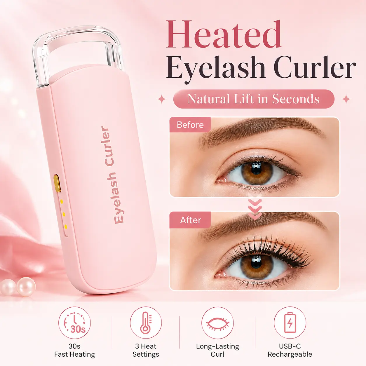 USB Rechargeable Thermal Eyelash Curler with Thermo-sensitive Silicone Pad, Fast Curling Small Lifting Tool for Women, Home & Travel Use, Write-ready for Curly Eyelash Styling