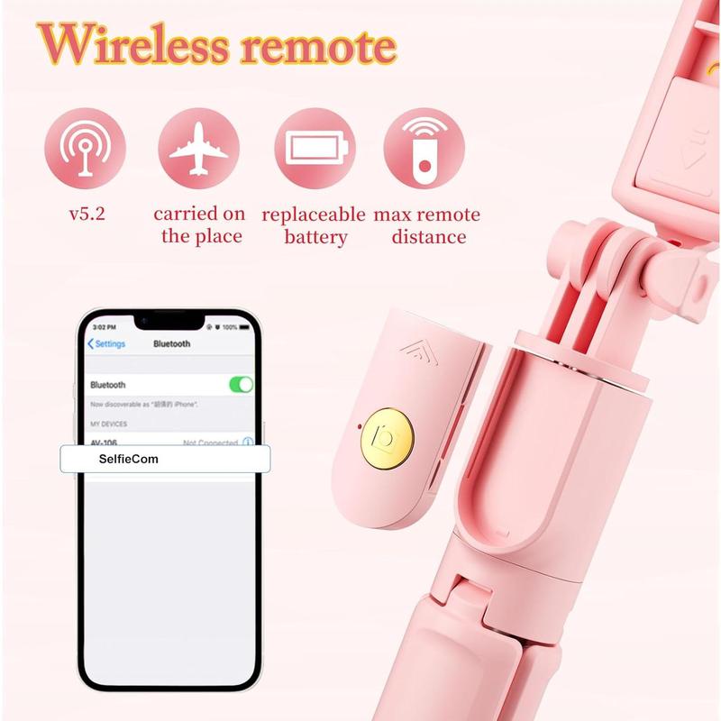 Pink Selfie Stick Tripod, with Wireless Remote Control, Live Streaming Video Recording, Compatible with Android, iPhone More