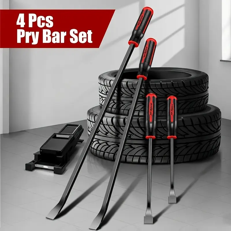 4-Piece Pry Bar Set – Heavy-Duty Pry Bars with Thickened Impact Caps – Automotive & Mechanical Hand Tools (Includes Nail Puller/Crowbar)