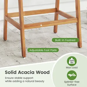 COSTWAY - Set of 2 Patio Acacia Wood Counter Height Bar Stools with Cushions and PE Wicker Backrests Footrests-Gray