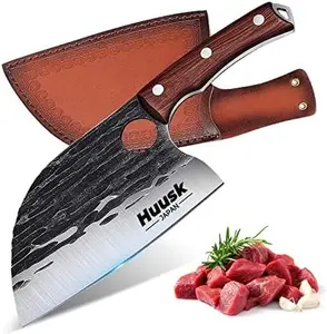 Huusk Serbian Chef Knife with Sheath - Japanese Meat Cleaver for Meat Cutting, Hand Forged Butcher Knife with Wood Handle, Full Tang Chopping Cleaver for Kitchen Outdoor BBQ Camping, Gift for Men Dad Steak