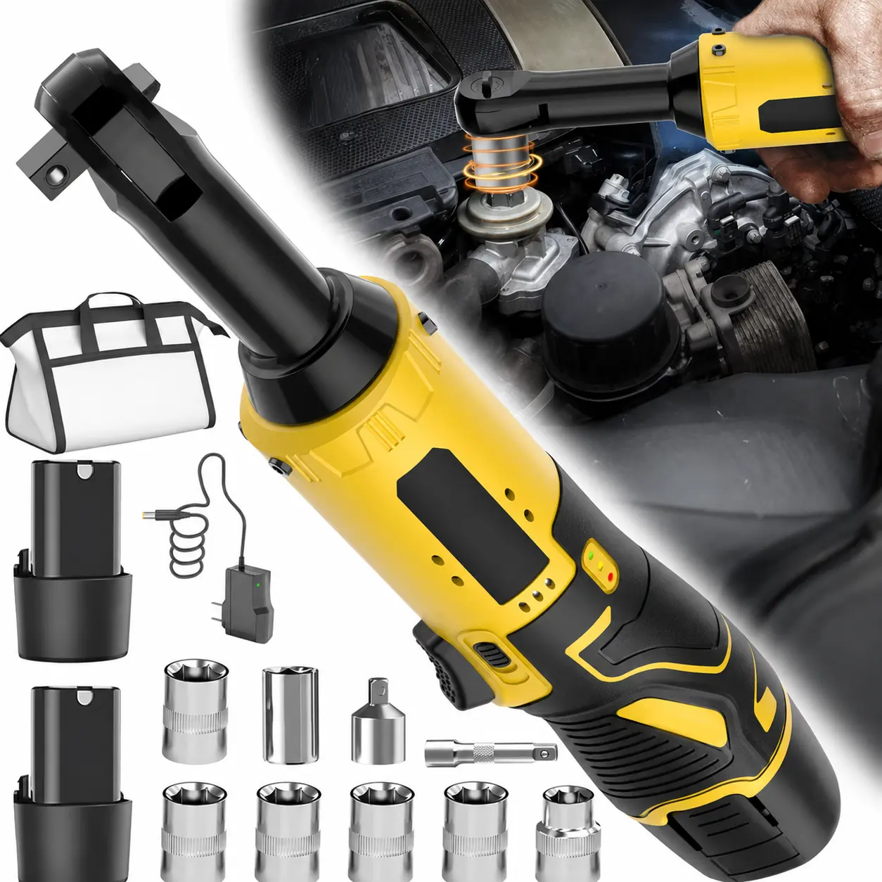Spring Gift 12V Cordless Ratchet Wrench Set, Electric Ratchet Tool with Battery, Variable Speed Forward & Reverse Control, Compact Car Tools for Car Repair, DIY Users’ Garage Maintenance Projects