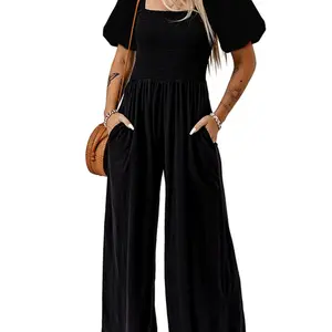 Women's Plain Lantern Sleeve Wide Leg Jumpsuit, Solid Color Jumpsuits, Casual Shirred Square Neck Ruched Jumpsuit for Summer, Fashion Women's Clothing for Daily Wear
