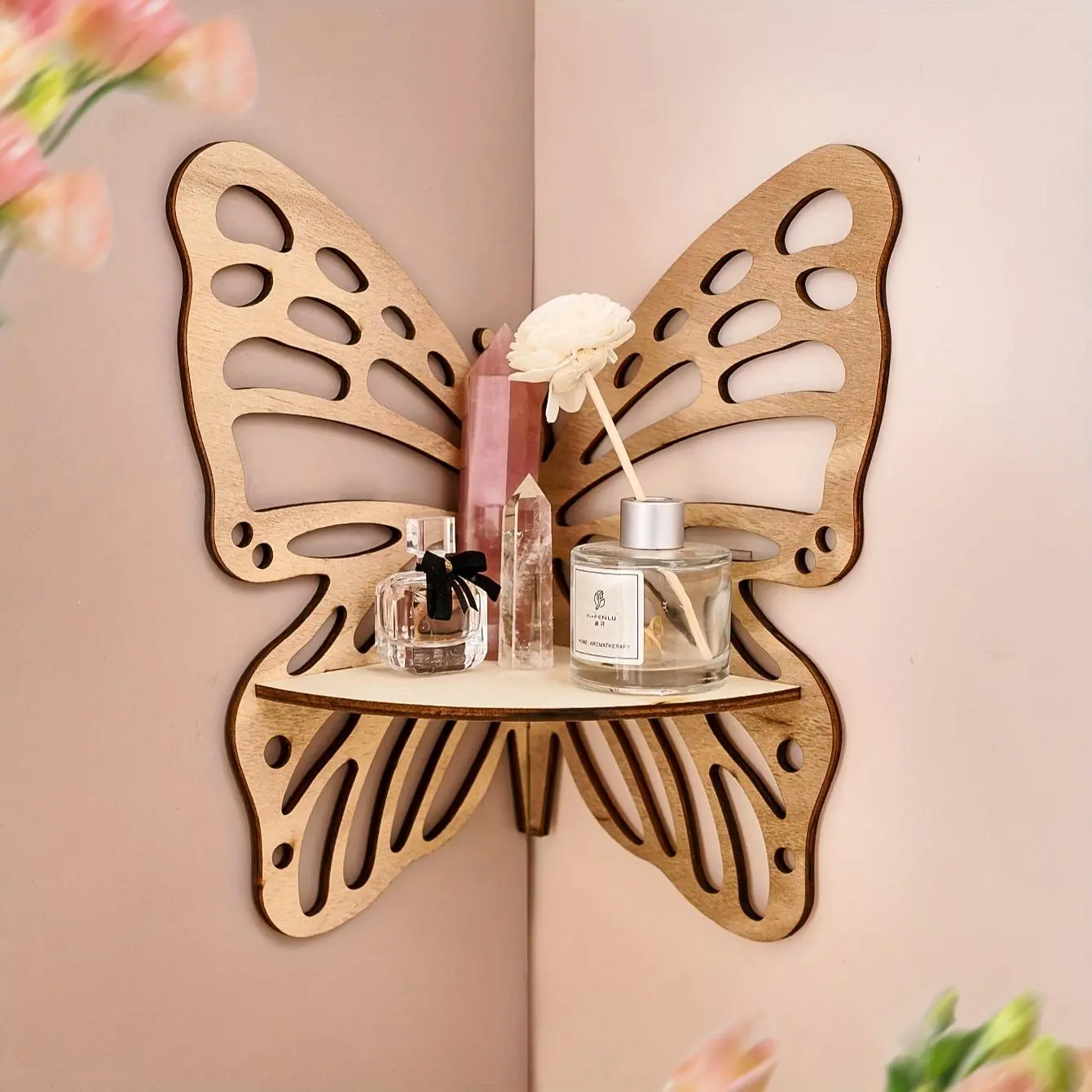 1pc Nail-Free Wall Mounted Minimalist Creative Wood Display Shelf, Natural Color Butterfly Design Handcrafted Small Hanging Home Decor Storage Organizer