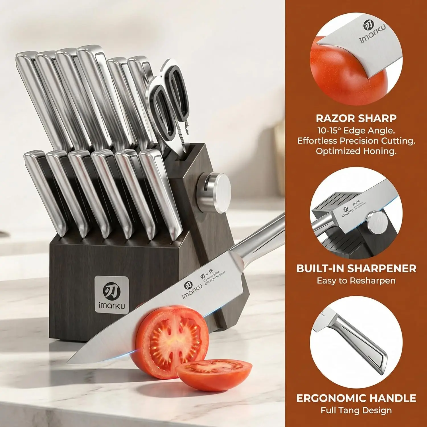 Imarku Japanese High Carbon Stainless Steel Knife Set with Block, Precision-Forged Gyutou Kitchen Knives with Built-In Sharpener, Ultra-Sharp 10–15° Edge, Ergonomic Non-Slip Handle, Dishwasher Safe imarku