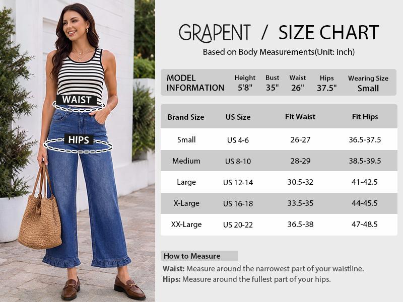 【NEW】GRAPENT Wide Leg Jeans for Women Ruffle Hem High Waisted Ankle Denim Pants | Trendy Baggy Jeans, Stretch Denim, High Rise Fit, Cropped Jean Pants, 27.5 Inch Inseam, Flattering Ruffle Hem, Weekend Casual backtoschool