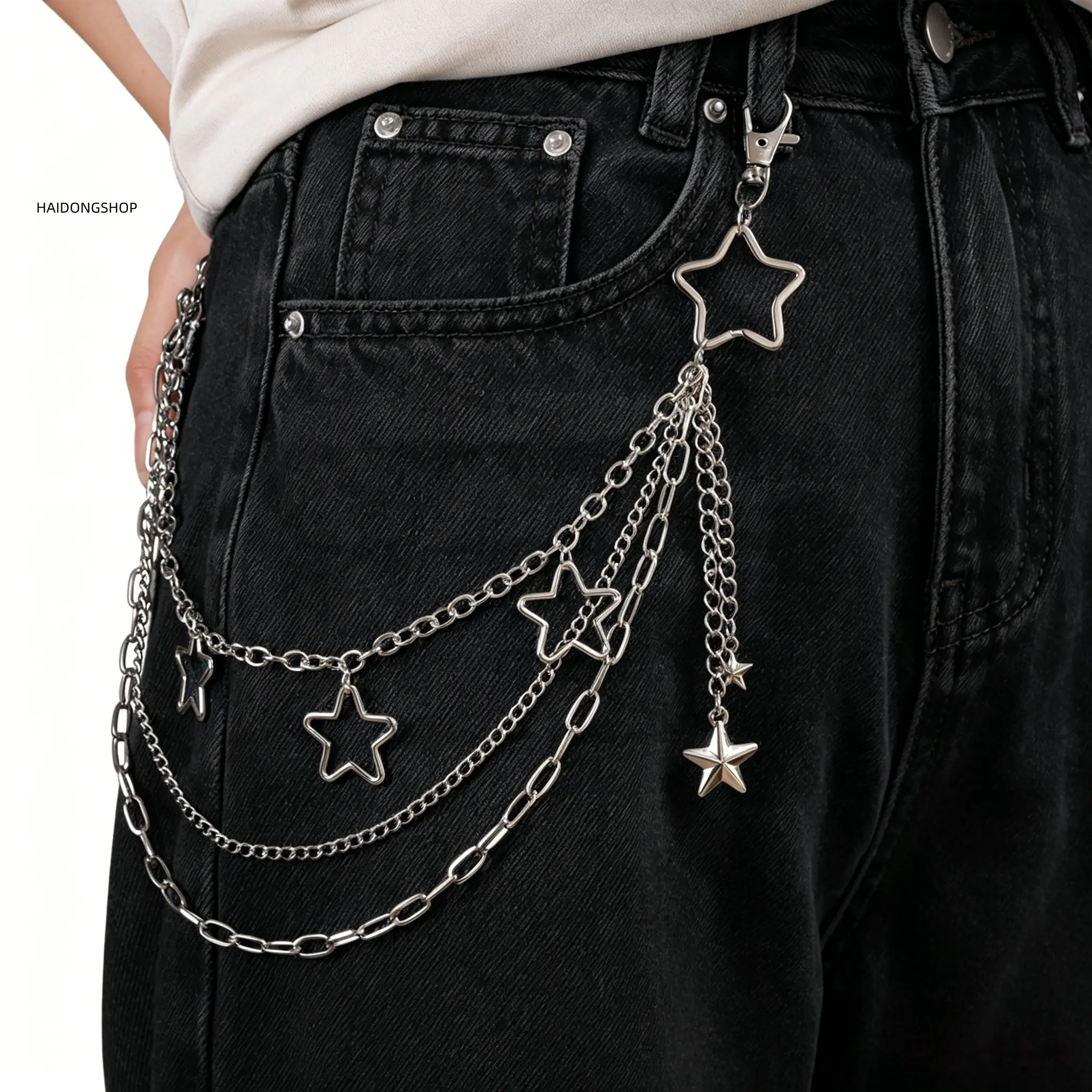 Waist chain belt, multi-layer punk goth Y2K star dangling charm adjustable leather waist strap, unisex all-season versatile body jewelry, trendy streetwear accessory for jeans, skirts, concerts, and everyday gothic outfits