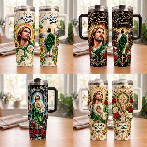 San Judas Tadeo Religious Tumbler, Catholic Saint Insulated Travel Cup with Handle, Faith Inspired Floral Drinkware, Spiritual Gift for Men and Women
