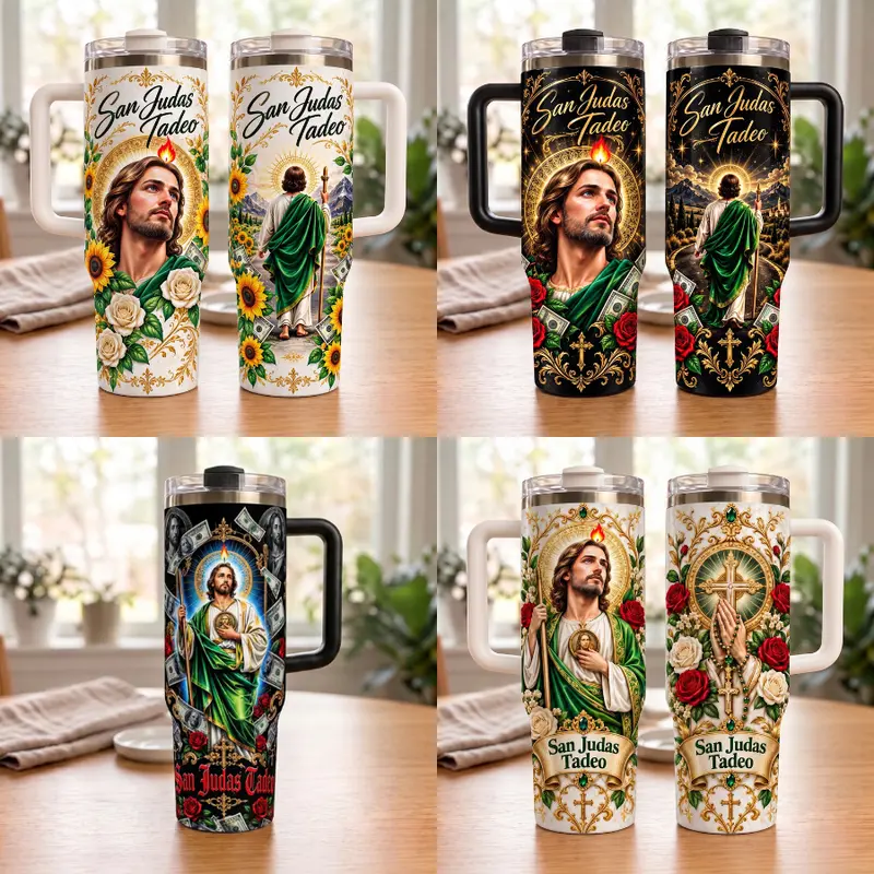 San Judas Tadeo Religious Tumbler, Catholic Saint Insulated Travel Cup with Handle, Faith Inspired Floral Drinkware, Spiritual Gift for Men and Women
